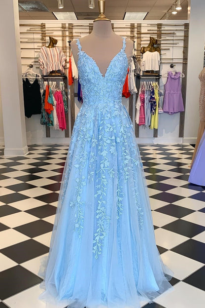 Sky Blue V-Neck Lace Appliques Tulle Long Formal Dress