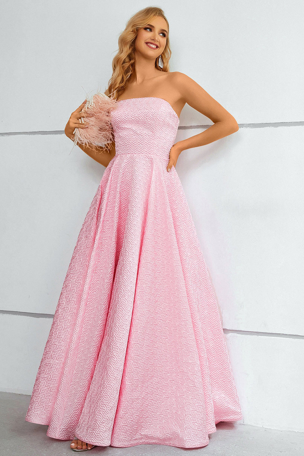Pink Lace Up A-Line Strapless Prom Dress