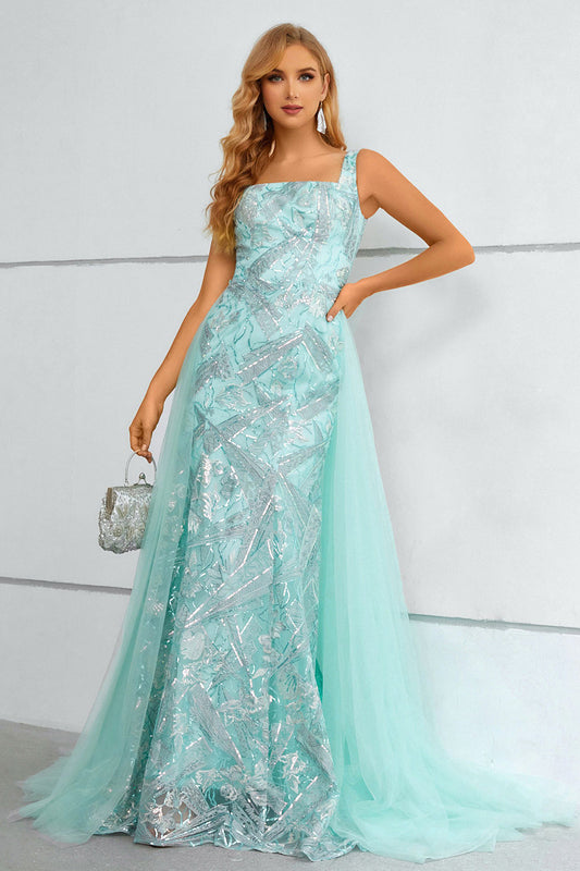 Green Square Neck Mermaid Sequined Prom Dress With Detachable Train