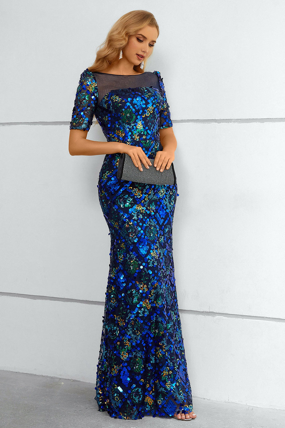 Royal Blue Sequined Short Sleeves Formal Dress