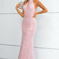 Pink Sequined Halter Neck Keyhole Backless Mermaid Prom Dress