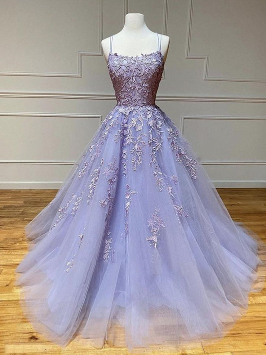 Long Backless Lavender Lace Prom Dresses